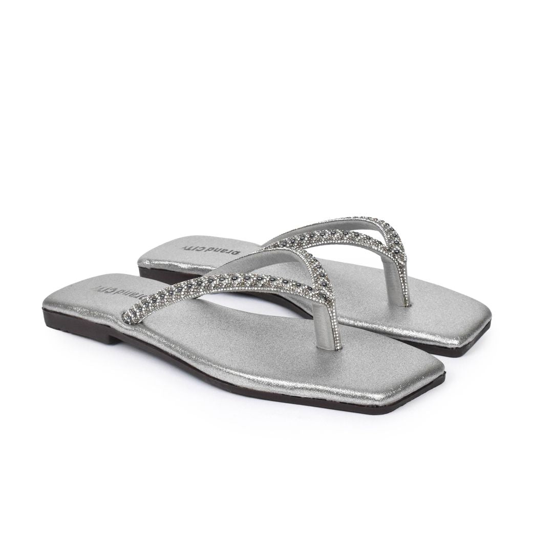 women silver flats n253