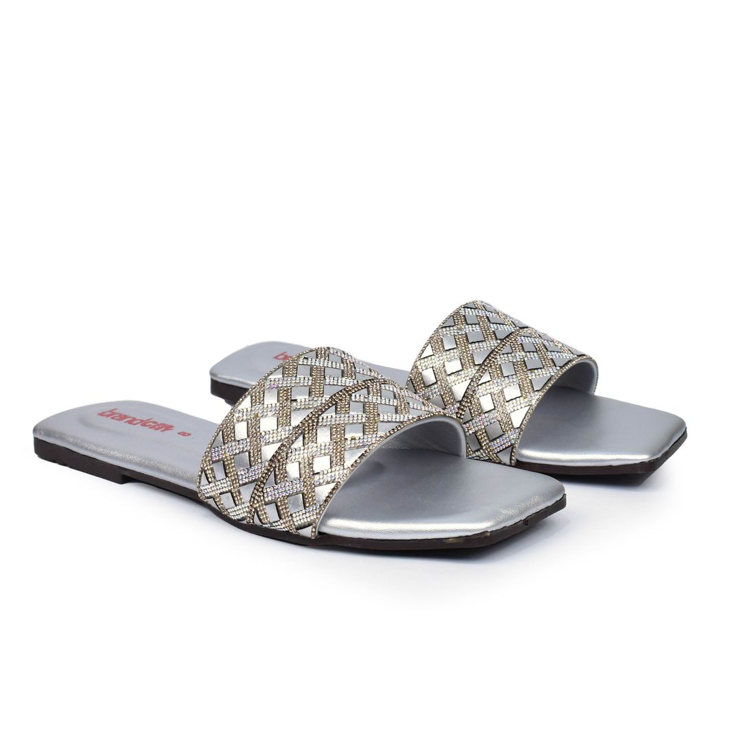 women silver flats n252
